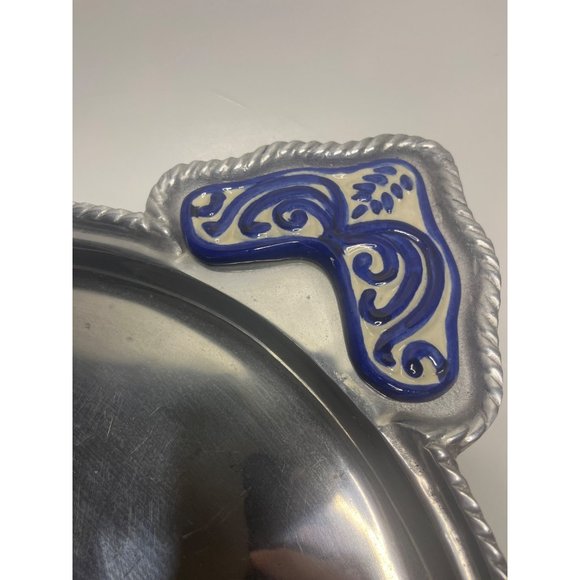 Large Mexican Pewter Serving with Ceramic Tile Inlay Handles Rope Design - Picture 3 of 8